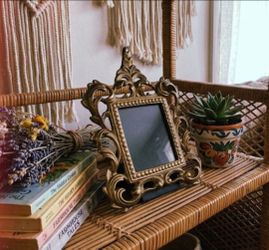 Vintage Cast Brass Picture Frame Rococo Scrollwork Small Tabletop Easel 3x2.5