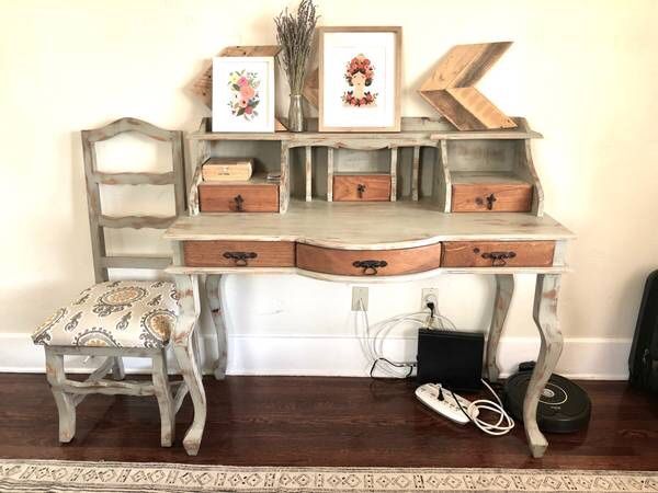 Shabby chic hardwood desk with upholstered chair