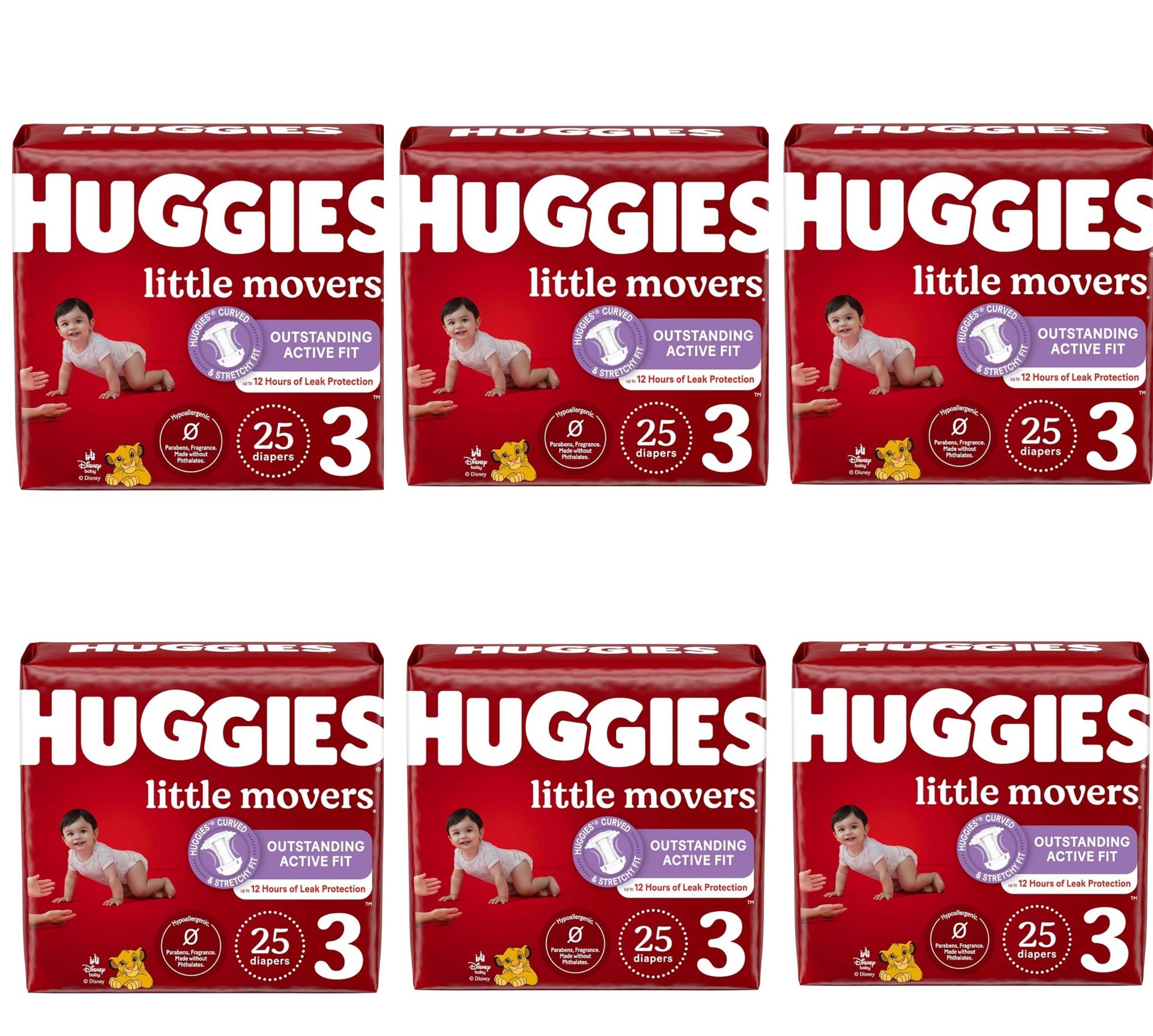 Huggies Little Movers Size 3 – 6 Packs (150 Total Diapers!) – Brand New 