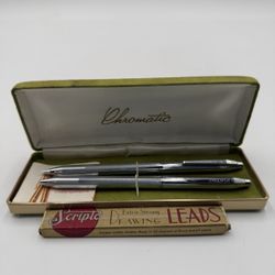Vintage 1960's Chromatic Pen& Lead Pencil Set/Green Clamshell Case/ Scripto Drawing led Box