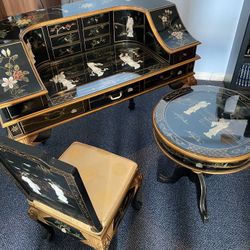 Oriental furniture black lacquer desk with chair and table