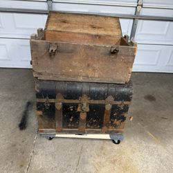 UNIQUE  VINTAGE TRUNK / CHEST  AND VINTAGE STORAGE WOODEN BOX . $100.00  FOR BOTH  OR BEST OFFER.