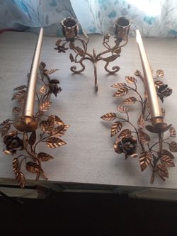 
3 Gilted Gold,2 Wall Mount Single Armed Candle Holders & 2 Arm Table Top Italy.

Normal wear and tear. Nick's,dents and scratches MAY be seen.  Clean