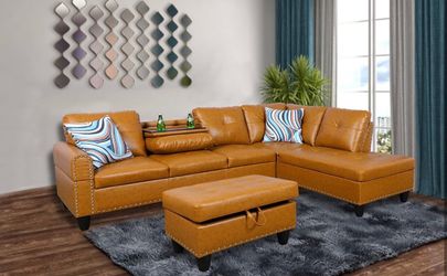 Carmel light brown leather sectional couch and ottoman
