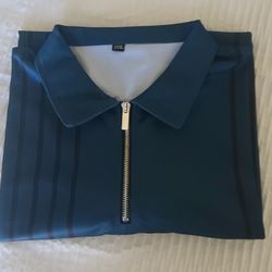Men's XXL Blue Black Striped 1/4 Zip Collared Polo Pullover Polyester Top