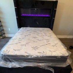 Queen Bed With Crystals Flame Fireplace 🔥 