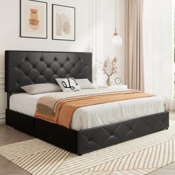 Faux Leather Storage Platform Bed Frame, Full Size Bed Frame with 4 Drawers, Upholstered with Adjustable Headboard, Black