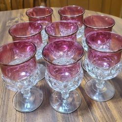 RUBY RED FLASHED THUMBRINT WINE GLASSES 3-5/8"
( SET OF 8 )  VINTAGE TIFFIN KINGS
CROWN