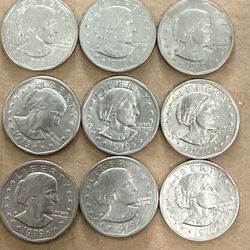 1979 circulated: Susan B Anthony silver dollar coin minted in Philadelphia, United States. Lot:(9-Coins). Narrow & Wide Rims. OFFERS!
