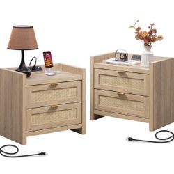 Set of 2 Bedside Table - Bedroom Night Stand with Type-C Charging Station, 2 Drawers Storage - Boho