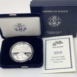 US MINT 2010 AMERICAN EAGLE ONE OUNCE SILVER PROOF COIN w/ Box & COA
