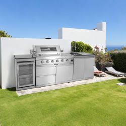 46-Inch 4-Burner 72000 BTU Deluxe Stainless Steel Gas Outdoor Kitchen Bar Barbecue Island Grill + Wine Cooler Compact Refrigerator + Rotisserie + Gran
