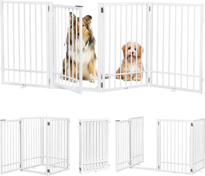 Metal Freestanding Dog Gate with Door, Extra Wide 81", 31" Height Foldable Dog Gates for Doorways, Tall Pet Fence Indoor Outdoor Pet Gates, 4 Panels P
