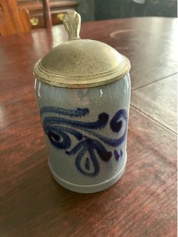 Vintage DBGM glazed ceramic German beer with pewter lid