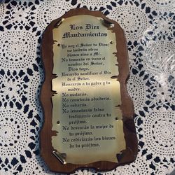 Vintage Diez mandamientos The Ten Commandments Wooden Plaque Scribed On Metal En Español