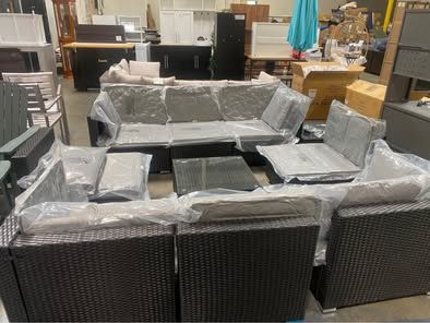 New Assembled 10 Pcs Outdoor Patio Furniture Gray Cushion Black Wicker 4 Corner 4 Center 2 Tables