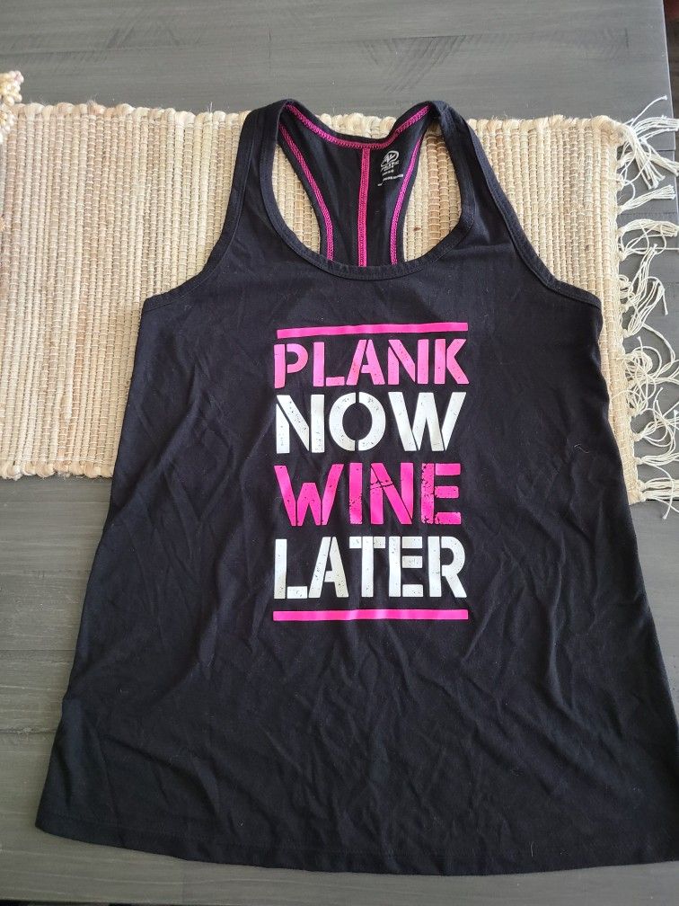 "Plank Now, Wine Later" Racerback Workout Tank Top by Athletic Works Black Sz S