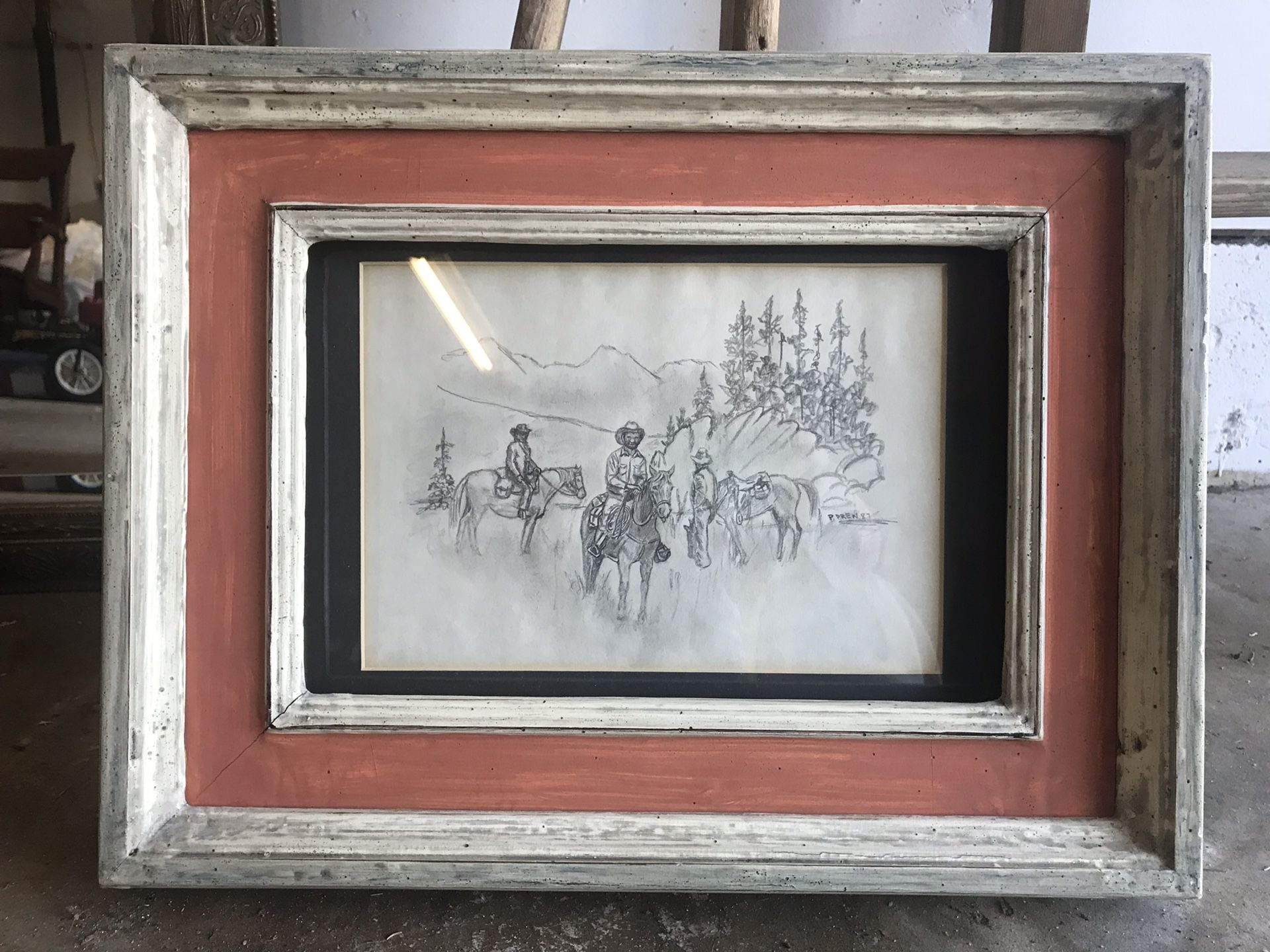 Antique cowboy drawing framed horse Colorado
