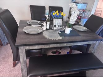 Dinning Table with Bench and 4 Leather Chairs