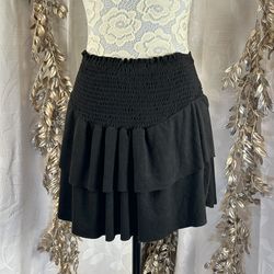 GeeGee Black Smocked Tiered Mini Skirt Faux Suede Sz S Cowgirl Aesthetic
