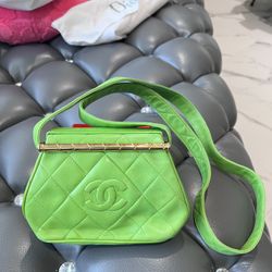 CHANEL Vintage Apple Green Quilted Mini Shoulder Bag with Gold Bar