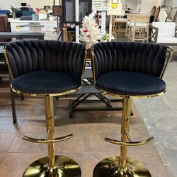 🔥Special Discount (Set of 2)🔥Velvet Swivel Bar Stools, Height Adjustable Counter Stools with Woven Backrest, Luxury Modern Upholstered Kitchen Stool