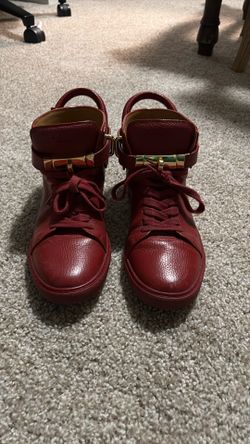red Buscemi 100MM high-top leather sneakers with gold-plated hardware.