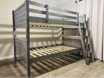 Gray Solid Wood Twin Bunk Bed with Ladder & Slats