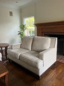 Modern Beige Loveseat Sofa with Nailhead Trim – Neutral Fabric Couch