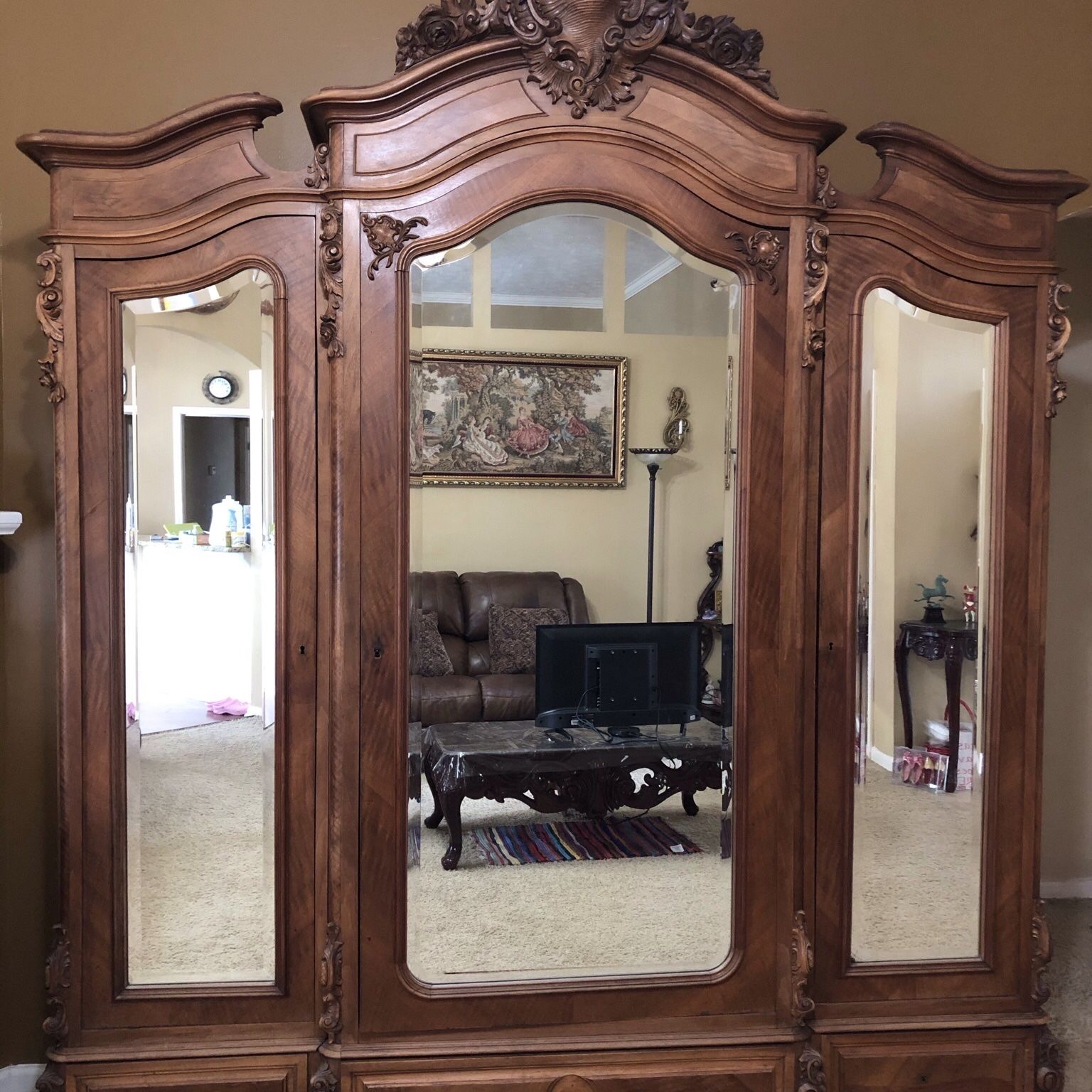 Antique Armoire With 3 Full Size Mirrors