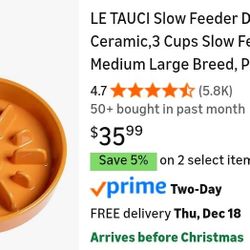 NEW With BOX.  LARGE SLOW FEED DOG BOWL - ORANGE. 3 CUPS. See Photos For Product Details.