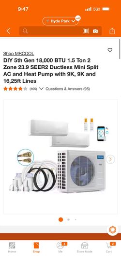 Mr Cool DIY 5th Gen 18,000 BTU 1.5 Ton 2 Zone 23.9 SEER2 Ductless Mini Split AC and Heat Pump with 9K, 9K and 16,25ft Lines  New