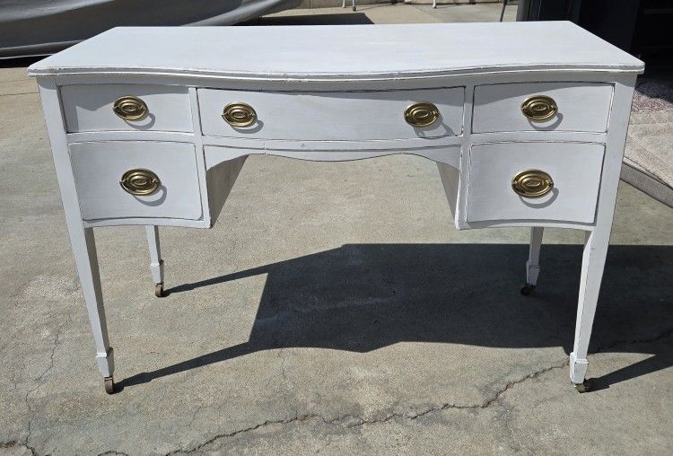 Antique White Vanity Desk On Wheels 5 Drawers