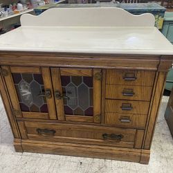 SOLID OAK MARBLE TOO CABINET CASE DRESSER STAINED LEADED GLASS VINTAGE ANTIQUE BOOK SHELF 