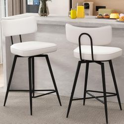 Swivel Bar Stools Set of 2, 26" Modern Counter Height Barstools, White Leather Kitchen Stools with Back Footrest Metal Legs, Bar Chairs for Kitchen Is