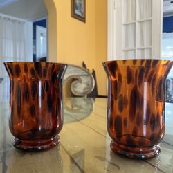 Lovely Pair Of Glass, Tortoiseshell, Pattern, Vases, Or Candleholders