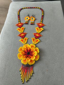 Beaded Flower Necklace and Earrings