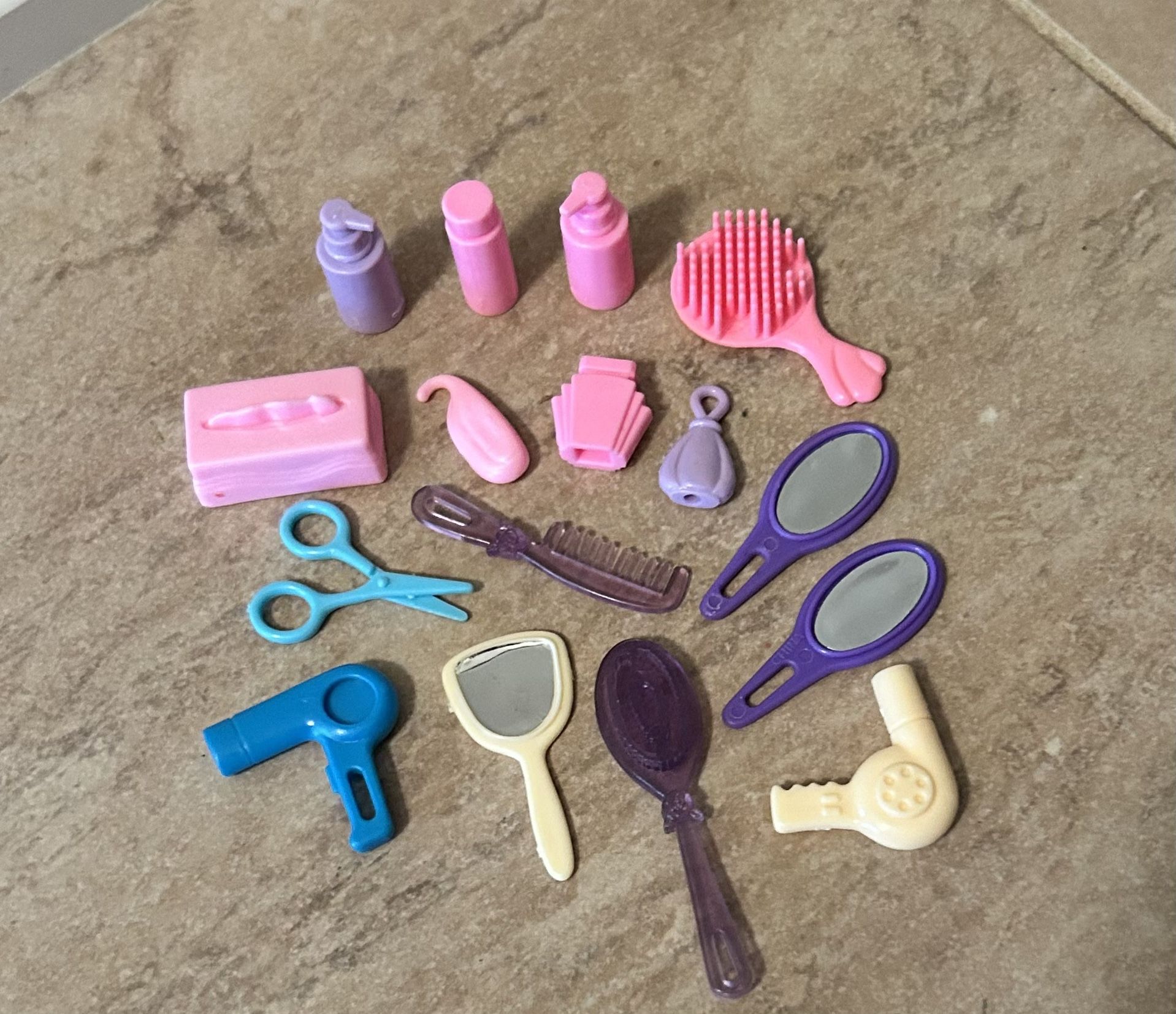 Barbie Salon Accessories Lot Of 16 Hair Brush, Blow Dryers, Tissues, Scissors