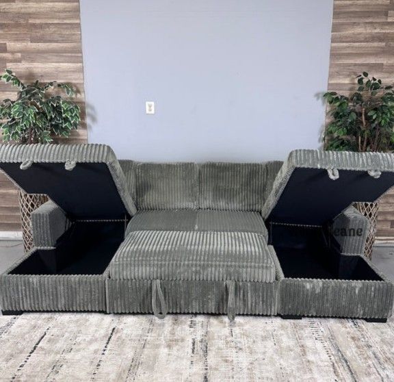 Corduroy double chaise sectional sleeper sofa with pull out bed 