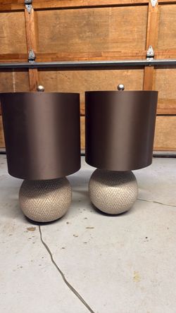 Pair of Table Lamps with Brown Drum Shades
