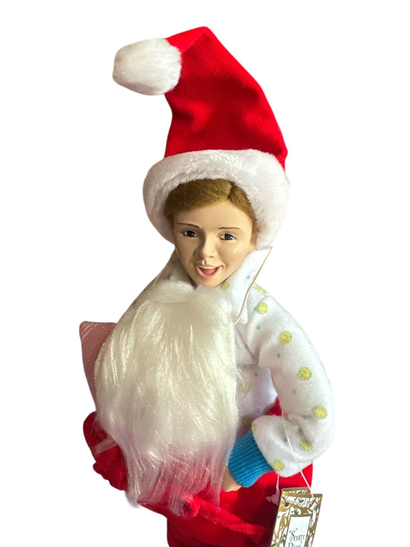 Rhodes Studios Norman Rockwell Christmas "Scotty Plays Santa" porcelain doll. This doll was the first issue in the "A Norman Rockwell Christmas" doll