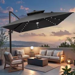 Double Top 13.5 ft. x 10 ft. Heavy-Duty 360°Rotation Solar LED Lighted Cantilever Patio Umbrella in Black