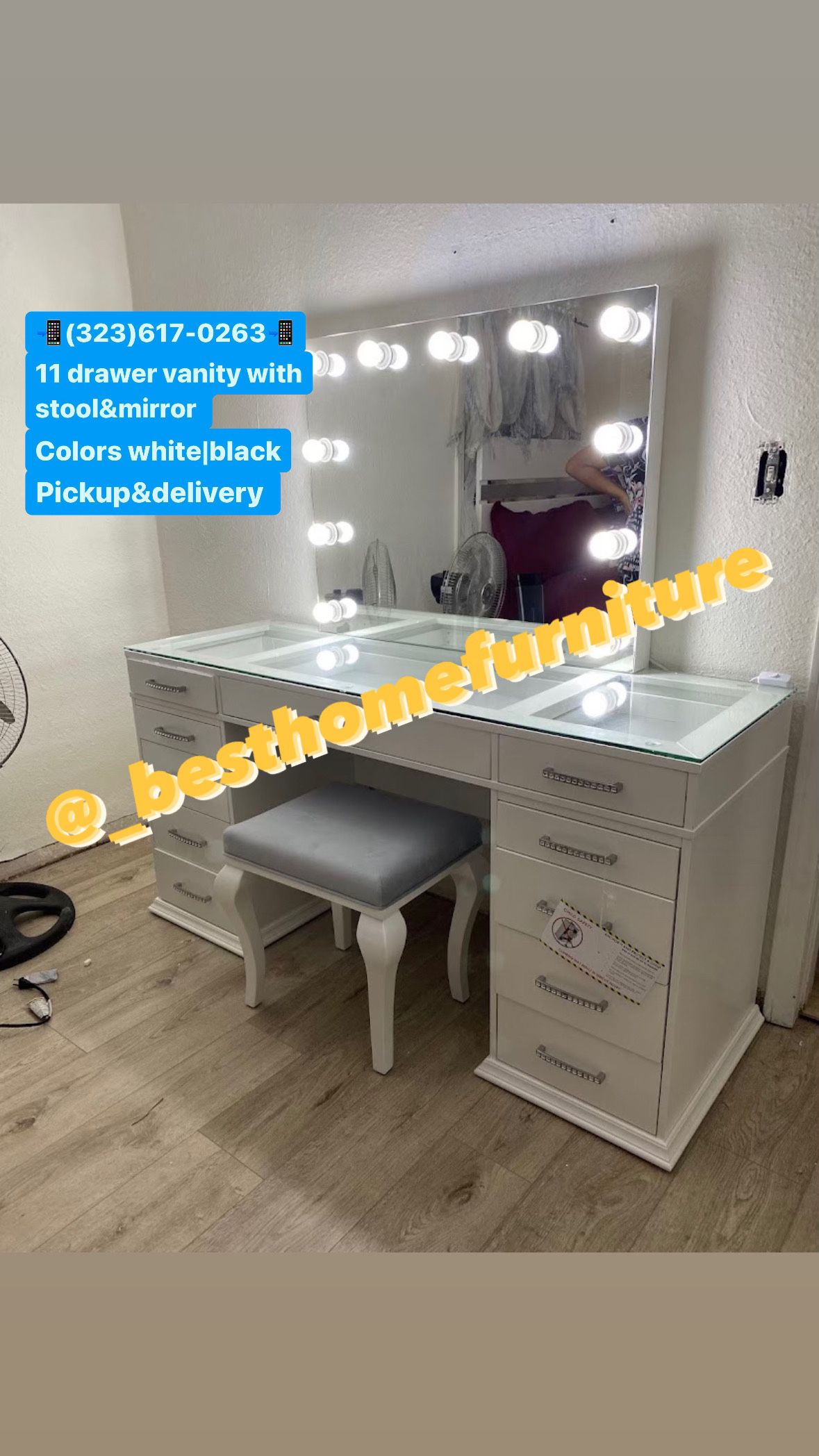 11 Drawer Vanity With Stool And Mirror 