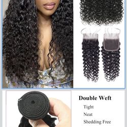 🔥Brand new 🔥 Water Wave Bundles with Closure Human Hair Wet and Wavy 100% Unprocessed Virgin Hair Bundles 16 18 20 inch Human Hair Bundles with Clos