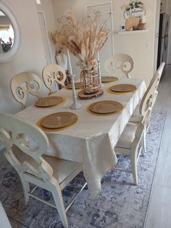 White Wood Dining Table with 6 Chairs