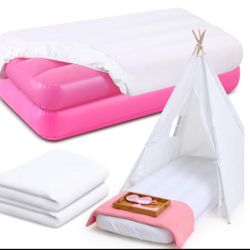 Windyun Kids Air Mattress Bulk With White Fitted Sheet,Toddler Inflatable Bed 63 X 27 X 8 Inches Blow Up Airbed Camping Sleeping Pad For Kids Aged 3-1