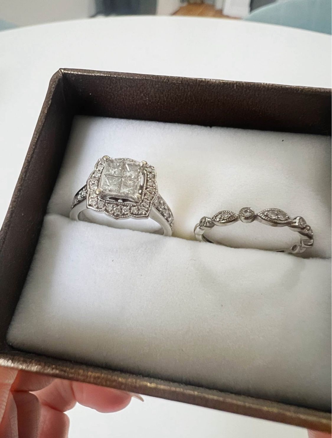 Engagement ring and wedding band from Kay jewelers