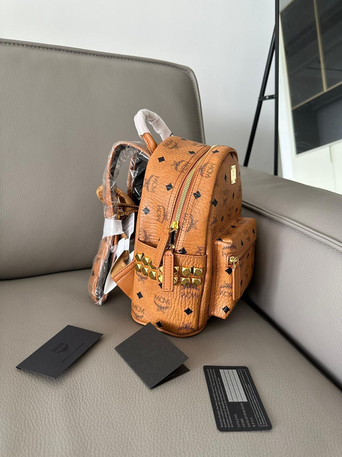 Tan Mcm Backpack Box,Receipt,Cards