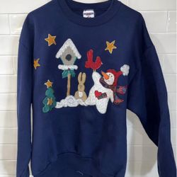 Vintage Jerzees Navy Christmas Sweatshirt 2000’s Appliqué  Sz L