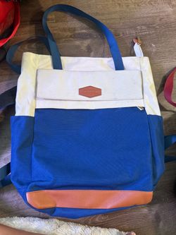 Convertible Canvas Laptop Tote Backpack - Navy, Cream & Tan